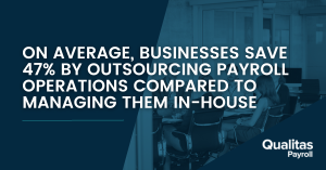 blue graphic with image of Payroll office featuring fact about outsourcing to a Payroll Agency