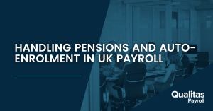 graphic of payroll specialists in office discussing pensions and auto-enrolment